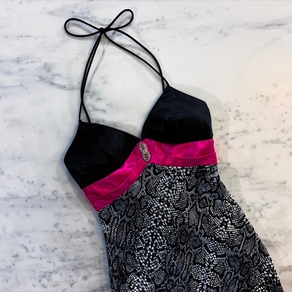 Blondie Nites ✦ Animal Print Strapless Gown ✦ Black & Pink Halter Prom Dress 3 - Picture 7 of 17